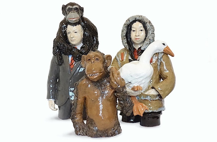 Rosi Steinbach: Man with monkey, 2015, 49 x 25 x 21 cm /Monkey with dog, 2015,  29 x 22 x 16 cm /Woman with goose, 2015, 38 x 31 x 18 cm 
ceramic, glazed, painted

